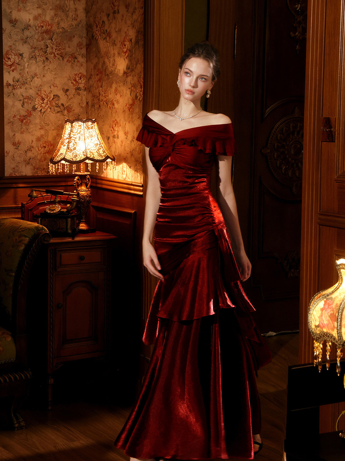 Wine Red Satin Layers Off Shoulder Long Prom Dress, Wine Red Sweetheart Evening Dress
