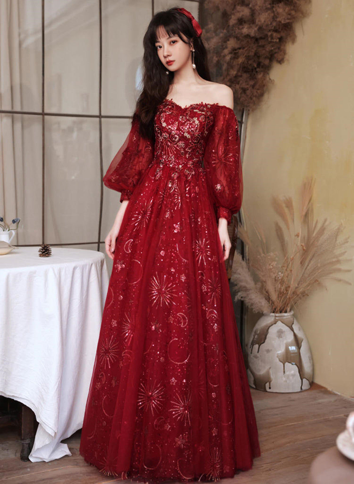 Wine Red Puffy Sleeves Sweetheart Party Dress,Wine Red Long Prom Dress Cutedressy Wine Red Puffy Sleeves Sweetheart Party Dress,Wine Red Long Prom Dress Cutedressy
