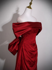 Wine Red Floral Satin Off Shoulder Prom Dress with Bow, Wine Red Satin Evening Dress