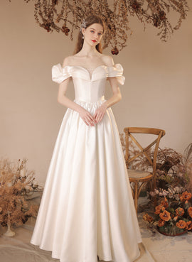 Off Shoulder Satin Sweetheart Long Formal Dress, A-line Satin White Prom Dress