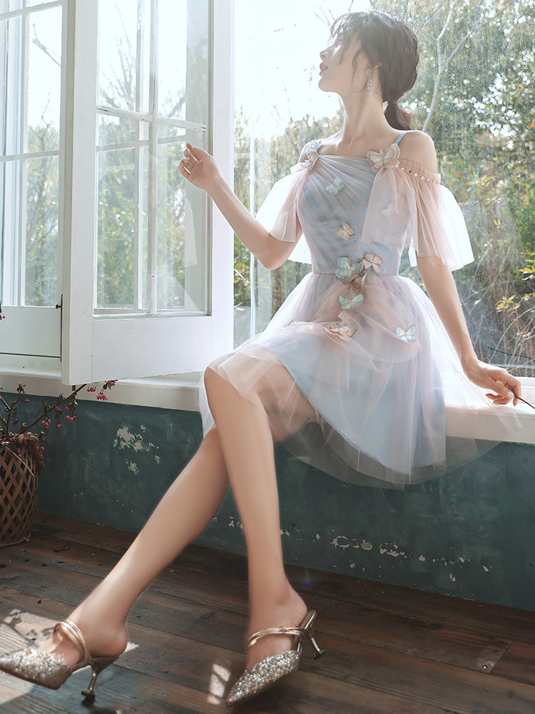 Cute Tulle Short Blue and Pink Party Dress, A-line Off Shoulder Homeco Cutedressy Cute Tulle Short Blue and Pink Party Dress, A-line Off Shoulder Homeco Cutedressy