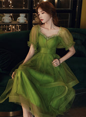 Green Short Sleeves Tulle Tea Length Wedding Party Dress, Green Prom Dress