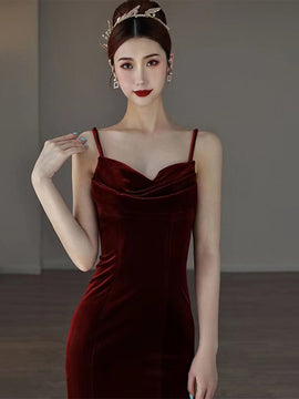 Wine Red Velvet Straps Low Back Long Prom Dress, Wine Red Party Dress