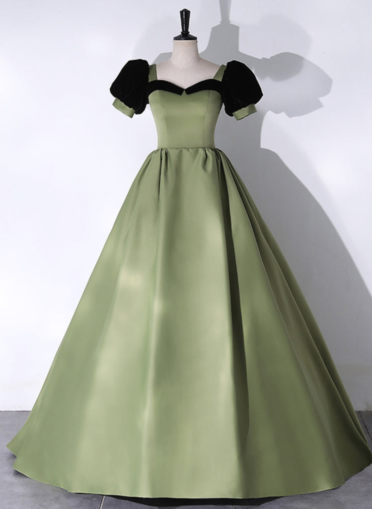 Green Satin Short Sleeves Long Evening Dress, Green Satin Prom Dress 