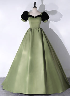 Green Satin Short Sleeves Long Evening Dress, Green Satin Prom Dress