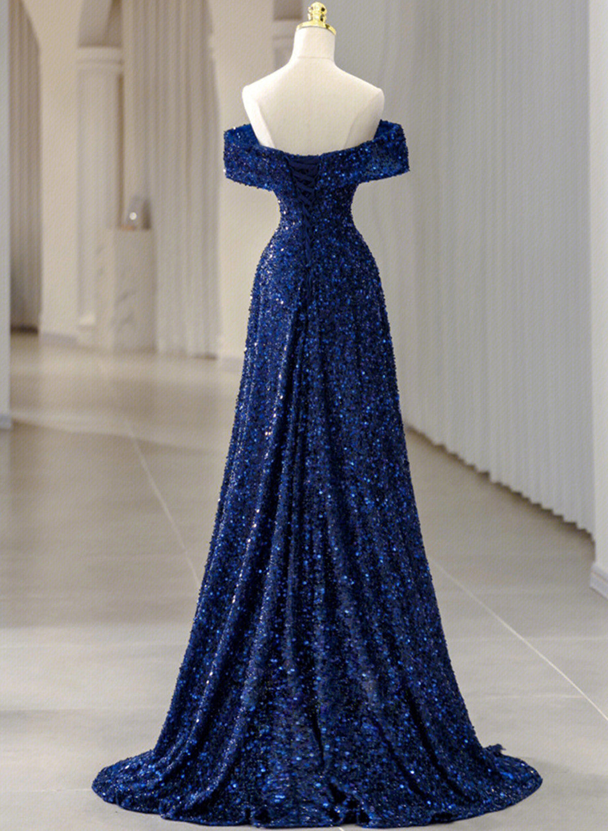 Blue Sequins Sweetheart Off Shoulder Party Dress, A-line Blue Long Evening Dress Prom Dress