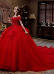Red Sweetheart Shiny Tulle Ball Gown Long Formal Dress, Red Tulle Sweet 16 Dress