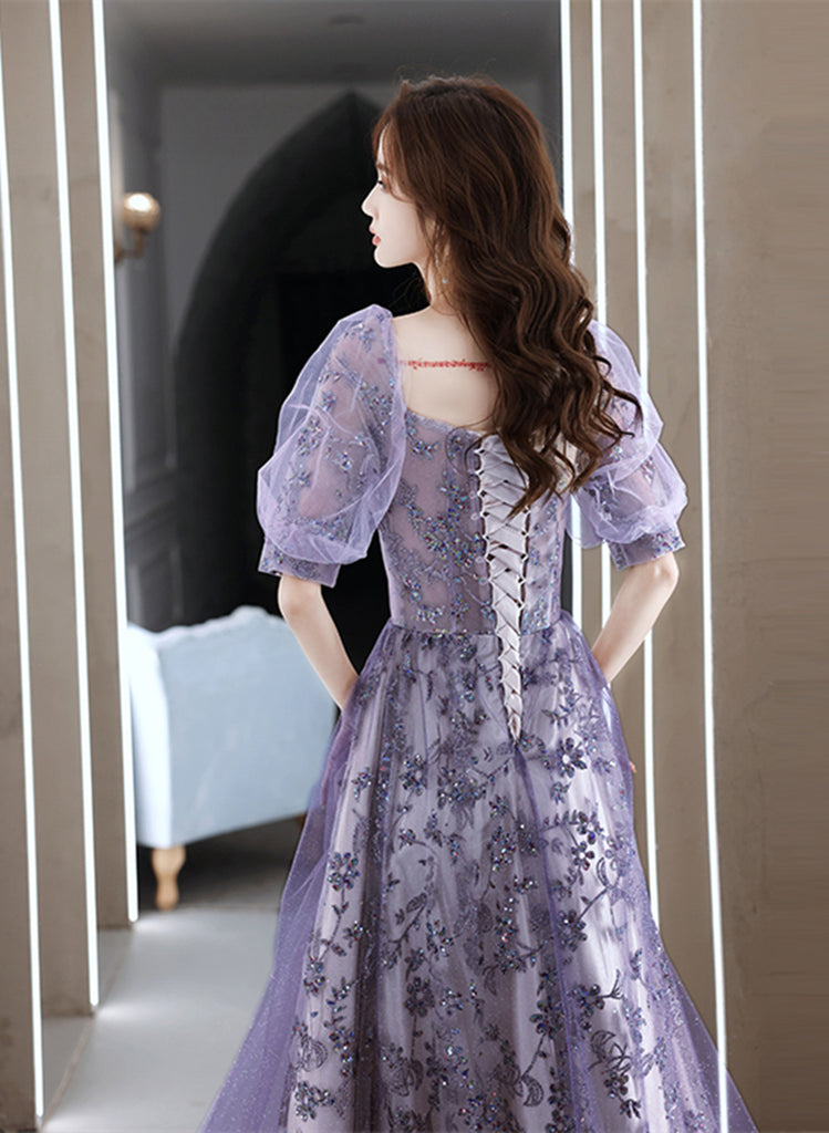 Purple Tulle Beaded Long Formal Dress, Cute A-Line Evening Dress main image 1