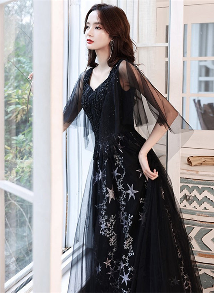 A-line Chic Black Tulle Beaded Long Evening Dress, Black Long Formal D