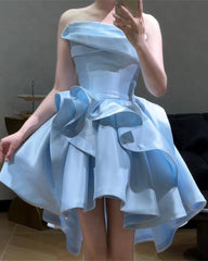 Light Blue Satin Strapless Knee Length Homecoming Dress, Light Blue Short Party Dress
