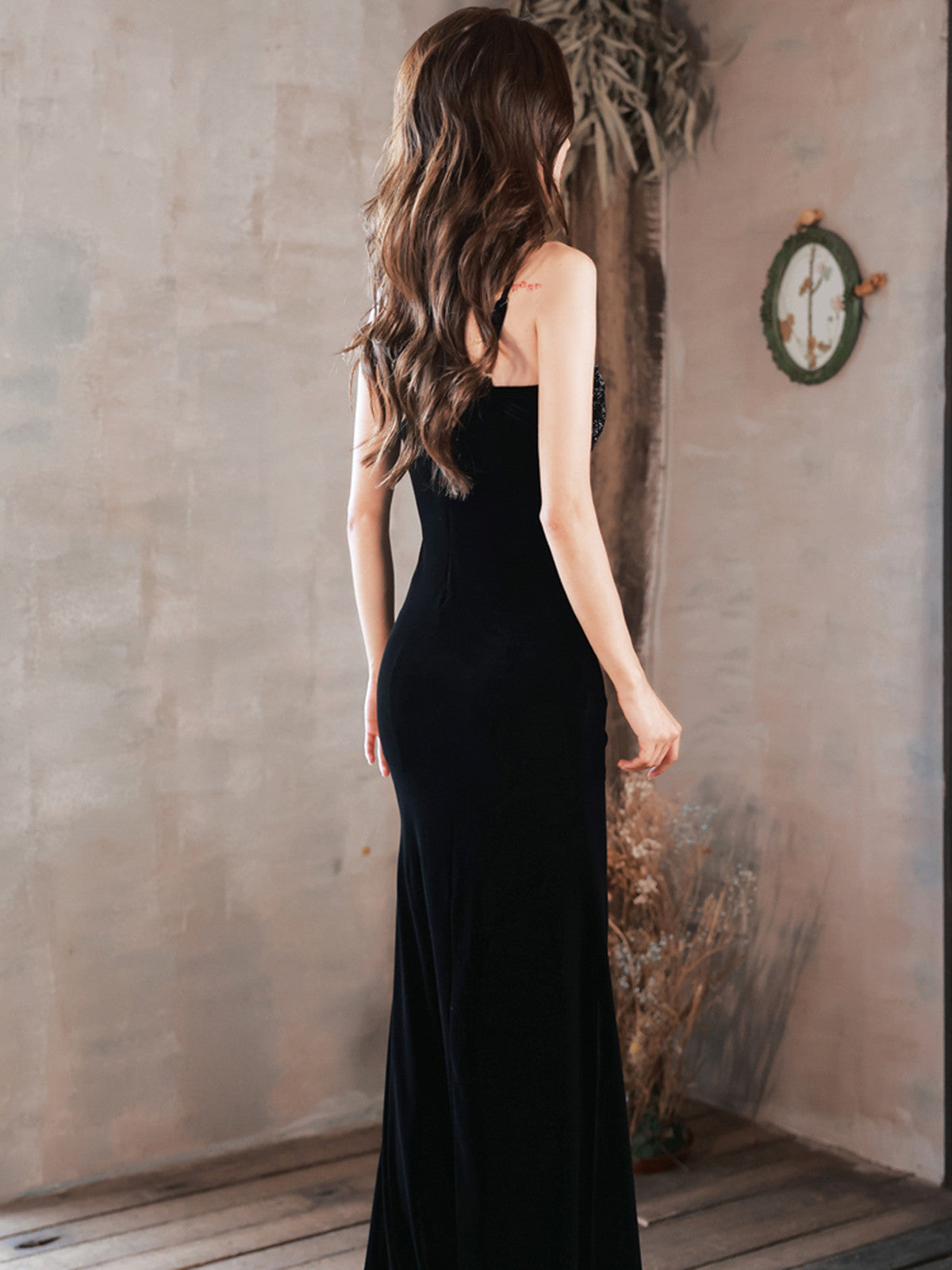 black long dress party Black Straps Mermaid Velvet Long Party Dress with Leg Slit, Black Long – Cutedressy