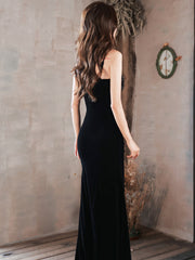 Black Straps Mermaid Velvet Long Party Dress with Leg Slit, Black Long Prom Dress