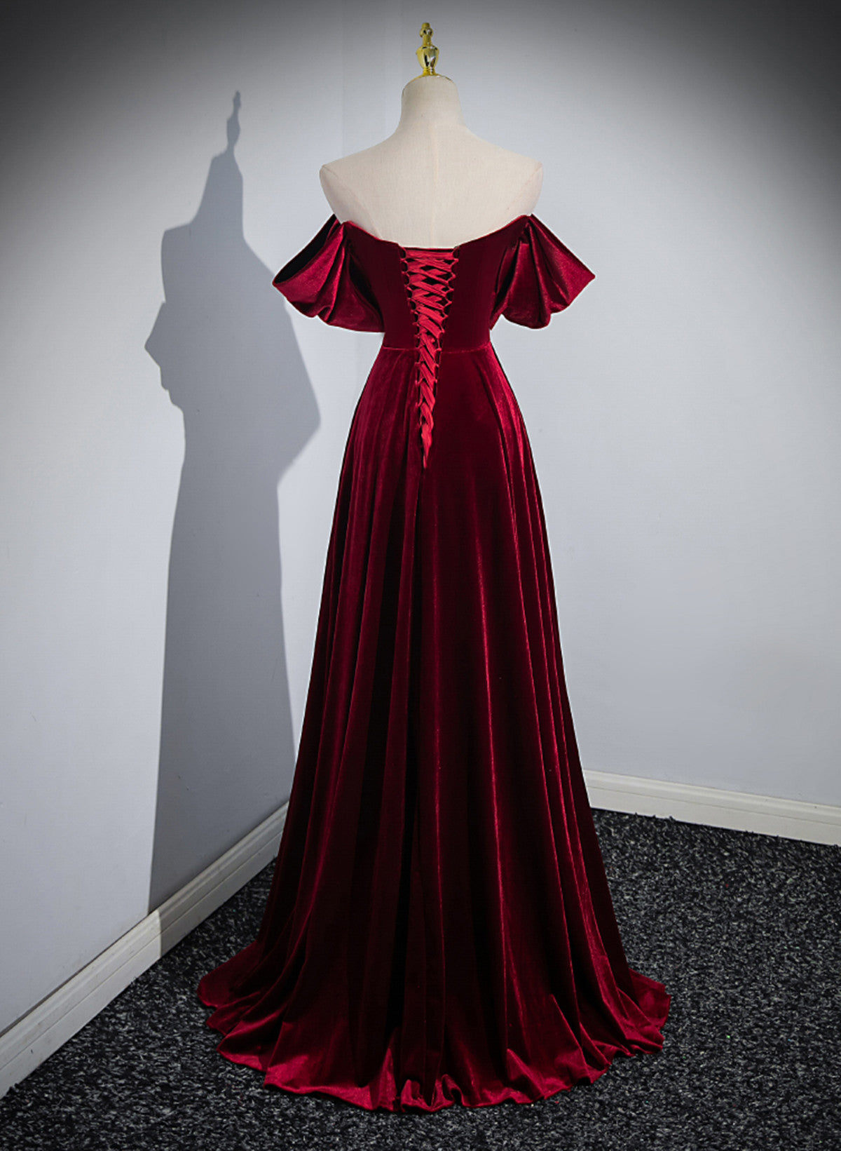 Wine Red Velvet Off Shoulder A-line Long Party Dress, Wine Red Floor Length Prom Dress