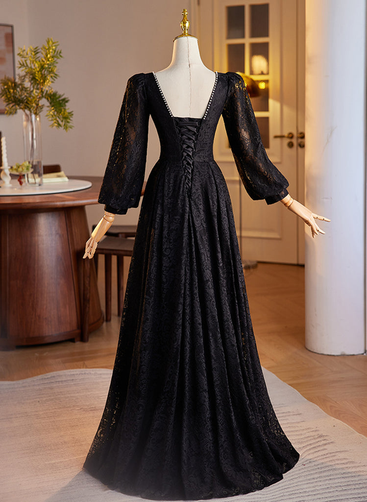 Black Long Sleeves Lace A-line Party Dress, Black Lace Wedding Party D