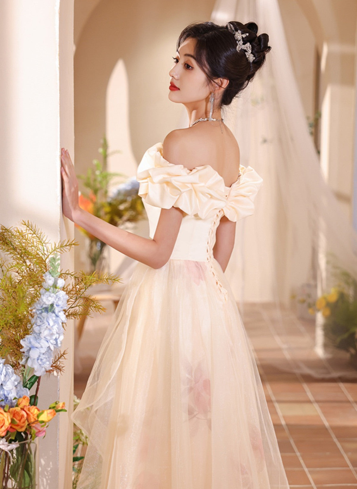 Light Champagne Tulle Off Shoulder Long Formal Dress, A-line Prom Dres – Cutedressy Light Champagne Tulle Off Shoulder Long Formal Dress, A-line Prom Dres – Cutedressy