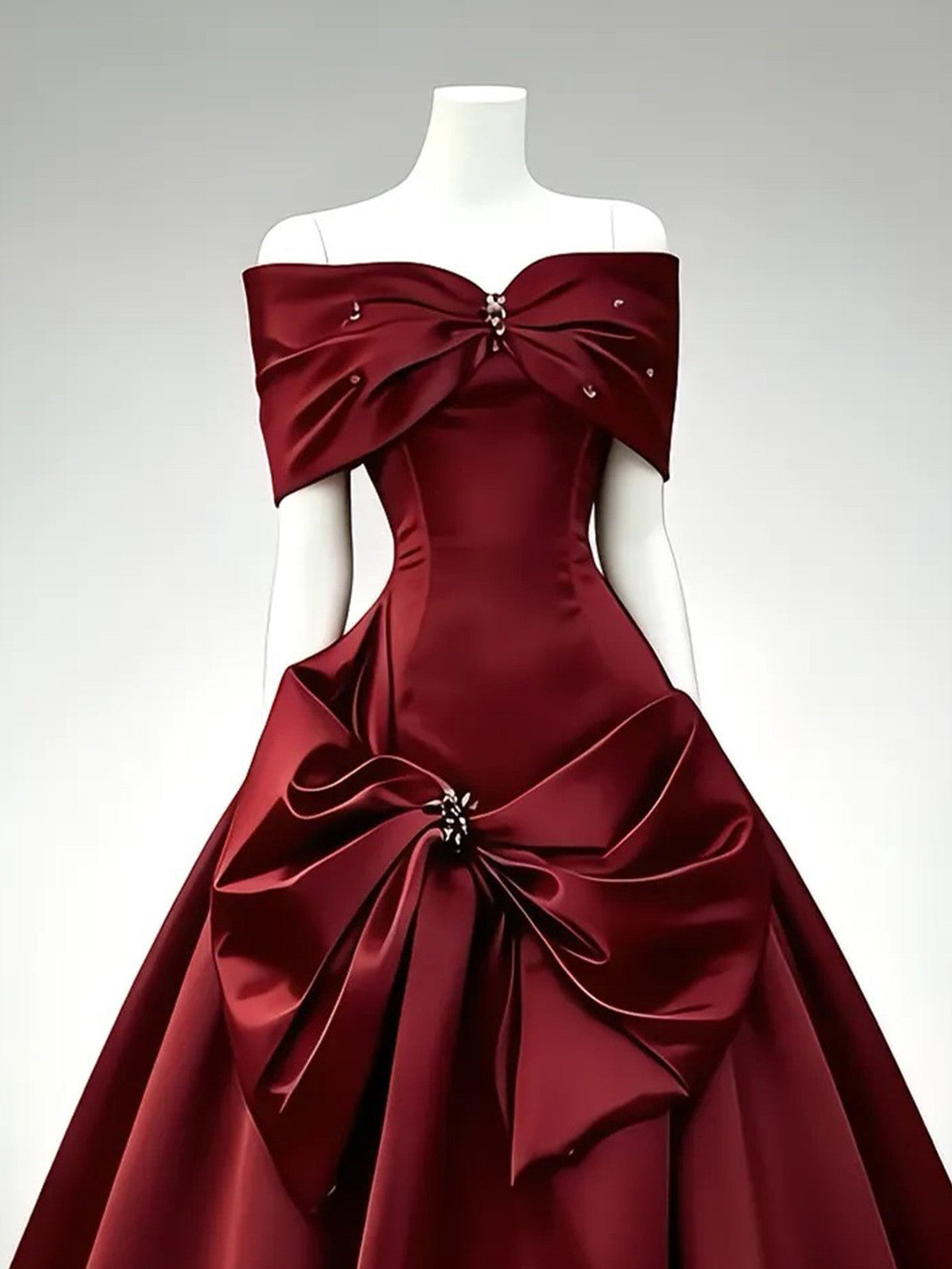 Wine Red Satin Off Shoulder Beaded Prom Dress, Wine Red BalL Gown Evening Party Dress