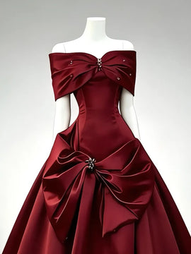 Wine Red Satin Off Shoulder Beaded Prom Dress, Wine Red BalL Gown Evening Party Dress