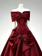 Wine Red Satin Off Shoulder Beaded Prom Dress, Wine Red BalL Gown Evening Party Dress
