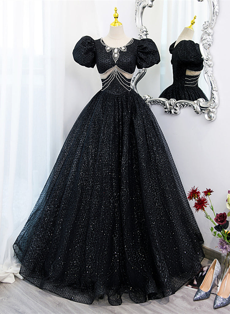 Black Short Sleeves Shiny Tulle Long Party Dress, Ball Gown Beaded Black Formal Dress