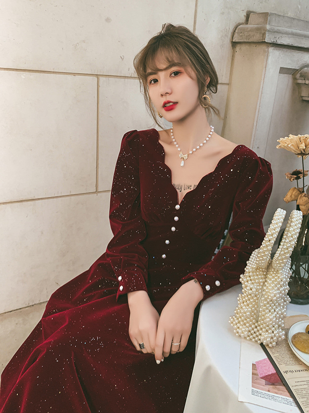 Wine Red Velvet Tea Length Long Sleeves Party Dress, Wine Red Homecomi Cutedressy Wine Red Velvet Tea Length Long Sleeves Party Dress, Wine Red Homecomi Cutedressy
