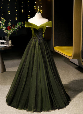 Green Velvet and Tulle Off Shoulder Party Dress, A-line Green Evening Dress Prom Dress
