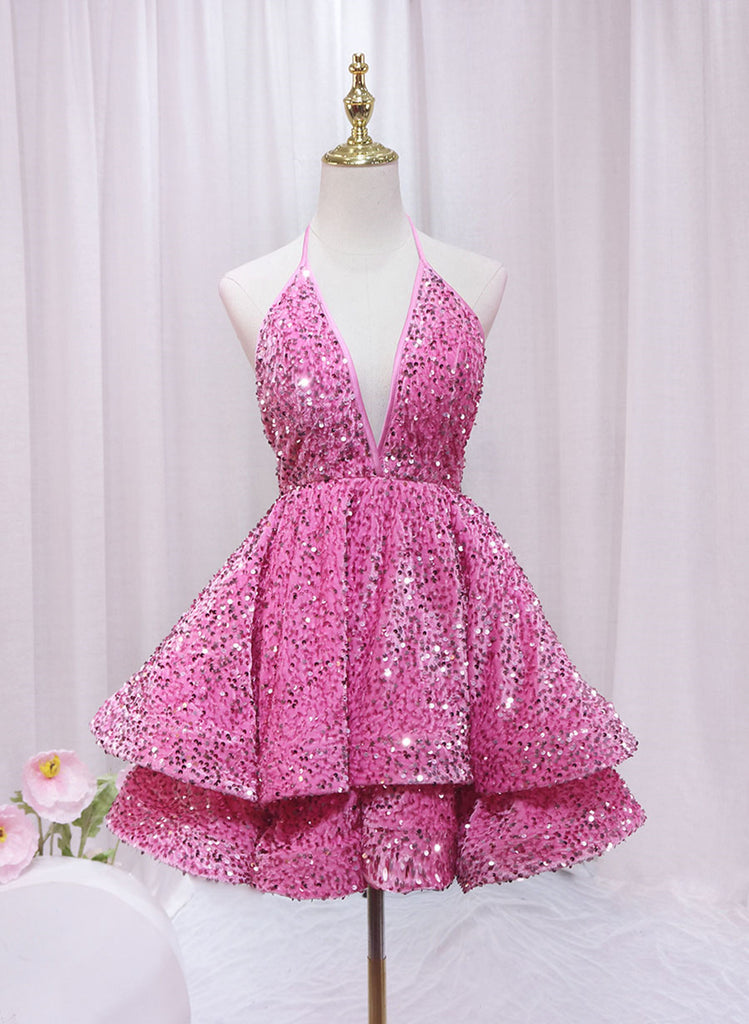 Pink Sequins Halter Backless Short Homecoming Dress, Pink Short Prom D