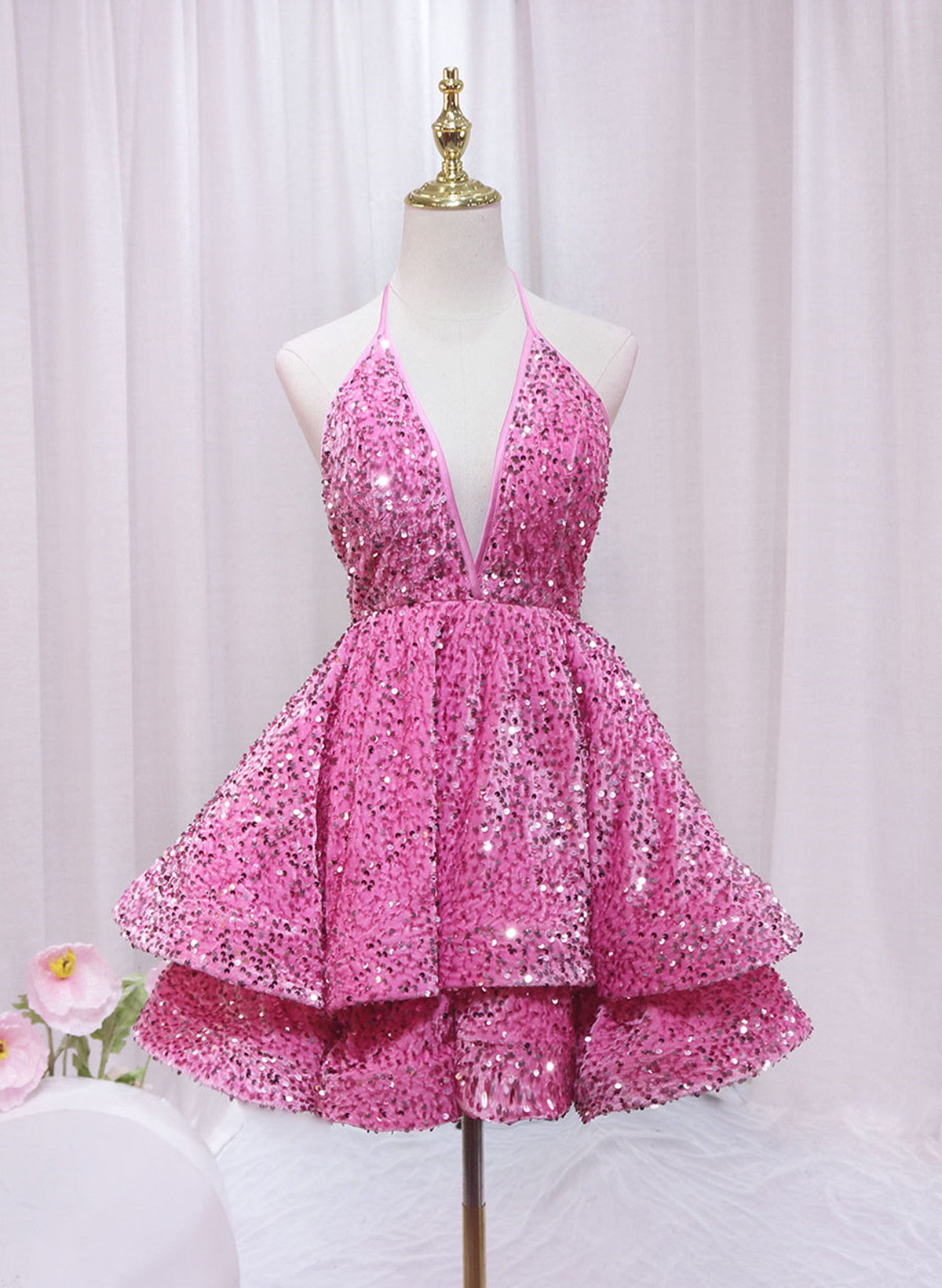 Pink Sequins Halter Backless Short Homecoming Dress, Pink Short Prom Dress