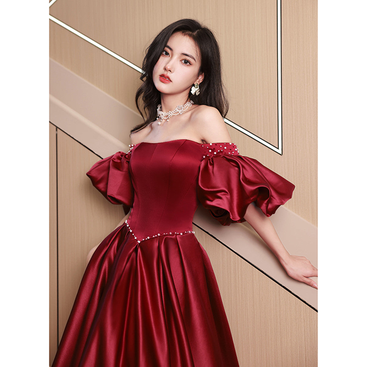 Wine Red Satin Beaded Puffy Sleeves Long Party Dress, Wine Red Long Pr – Cutedressy Wine Red Satin Beaded Puffy Sleeves Long Party Dress, Wine Red Long Pr – Cutedressy