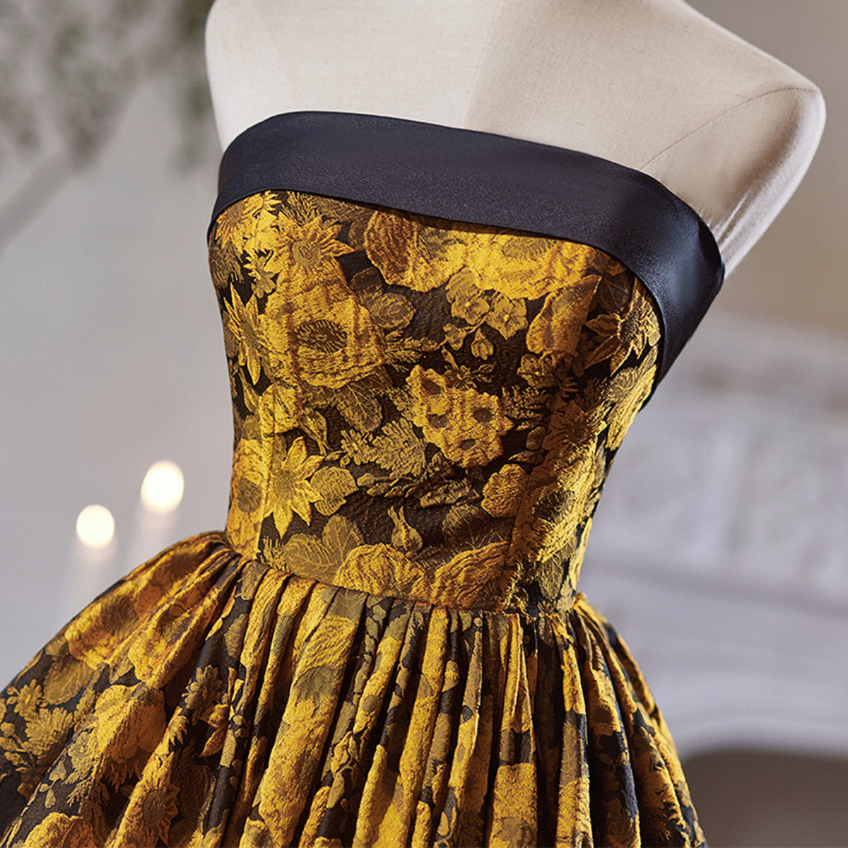 Gold Satin Floral Knee Length Homecoming Dress, Gold Satin Short Prom Cutedressy Gold Satin Floral Knee Length Homecoming Dress, Gold Satin Short Prom Cutedressy