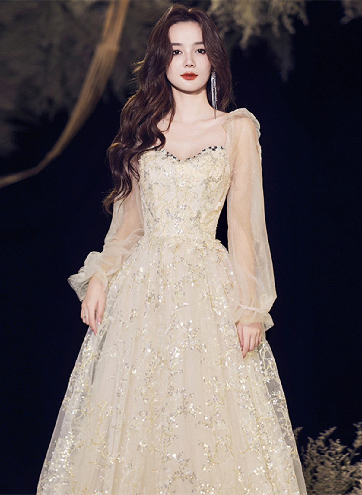 Champagne Long Sleeves Tulle Sweetheart Prom Dress, A-line Tulle Eveni Cutedressy Champagne Long Sleeves Tulle Sweetheart Prom Dress, A-line Tulle Eveni Cutedressy