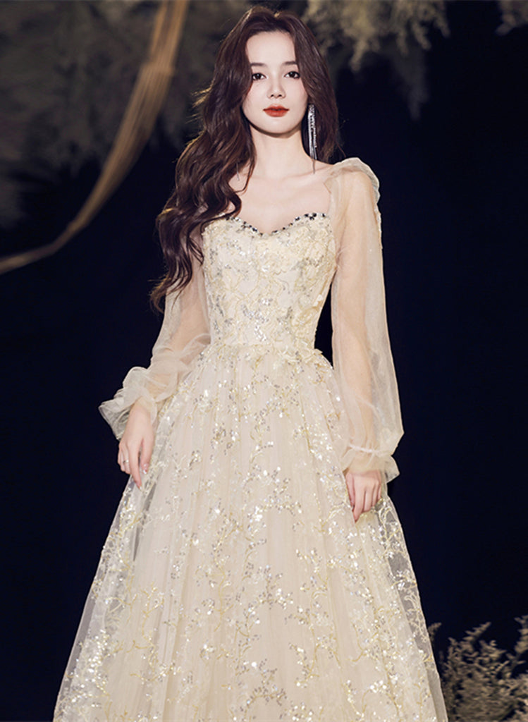 Champagne sweetheart tulle sequin long prom gown evening dress,DS2379