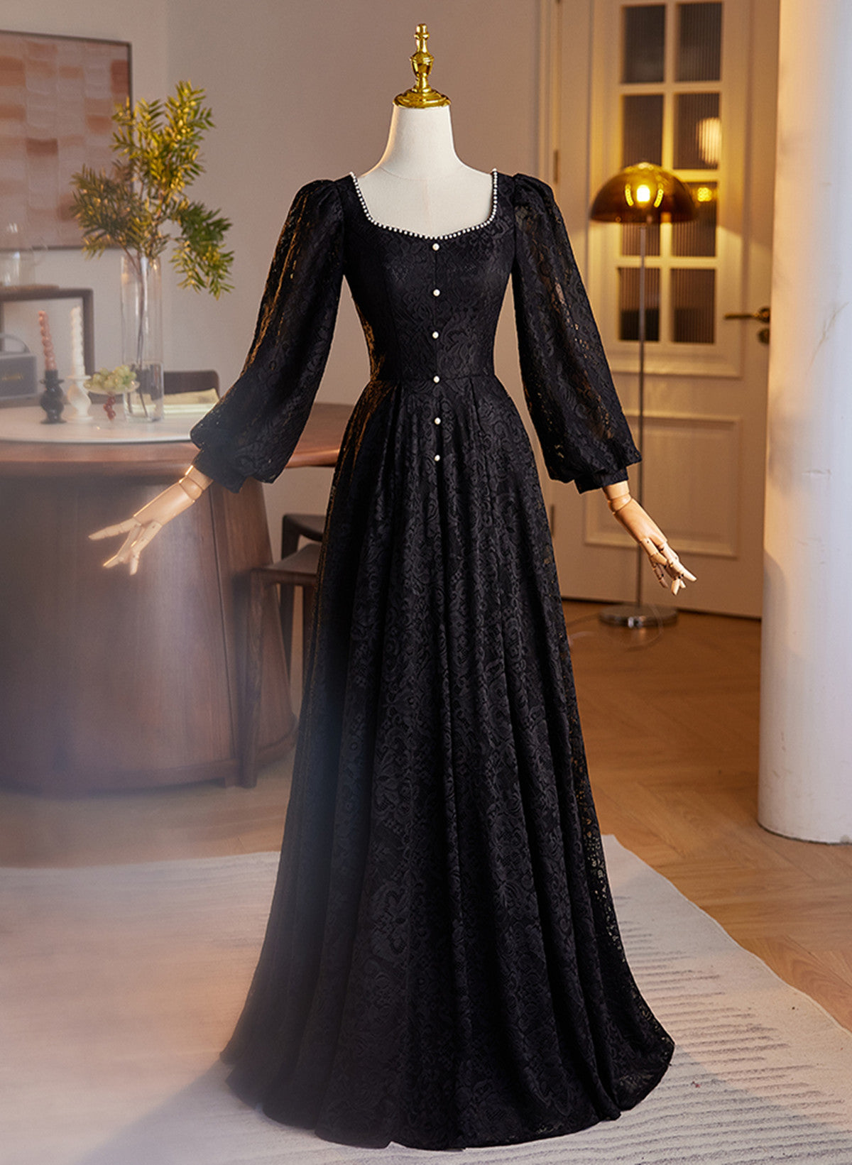 Black Long Sleeves Lace A-line Party Dress, Black Lace Wedding Party Dress