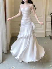 White Satin Sweetheart Mermaid Straps Long Party Dress, White Satin Prom Dress