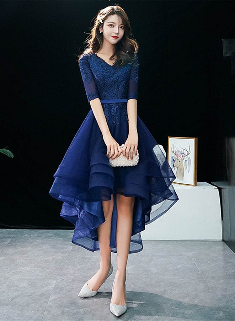 Navy Blue High Low Tulle with Lace Party Dress, Blue Homecoming Dress