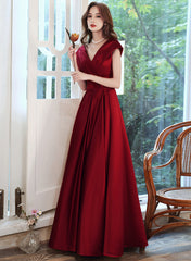 Wine Red Satin V-neckline Floor Length Party Dress, Wine Red Satin Prom Dress