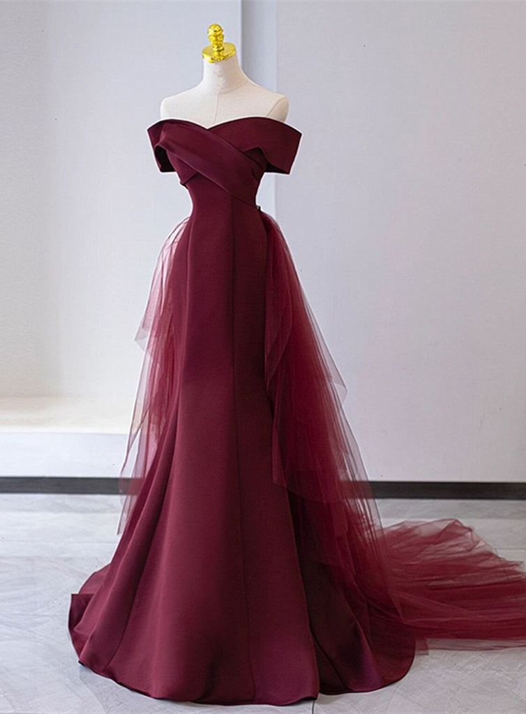 Chic Mermaid Burgundy Satin Off Shoulder Party Dress, Burgundy Long Ev