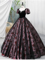 Black Tulle and Satin Short Sleeves Sweetheart Party Dress, Black Long Prom Dress Sweet 16 Dress