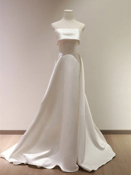 Chic Ivory Satin Scoop Long Wedding Party Dress, Ivory Satin Prom Dress Evening Dress