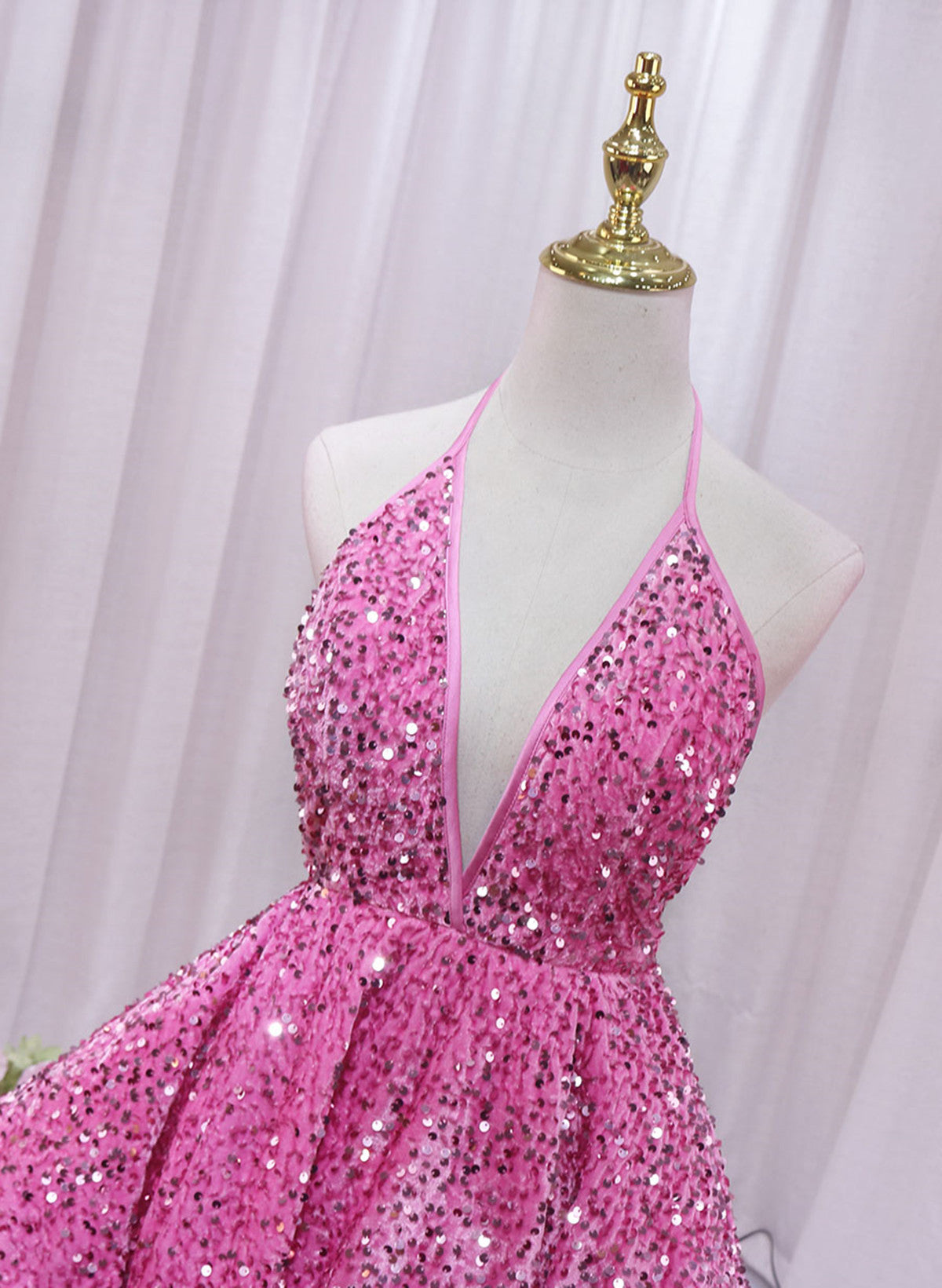 Pink Sequins Halter Backless Short Homecoming Dress, Pink Short Prom D Cutedressy Pink Sequins Halter Backless Short Homecoming Dress, Pink Short Prom D Cutedressy