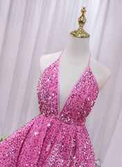 Pink Sequins Halter Backless Short Homecoming Dress, Pink Short Prom Dress
