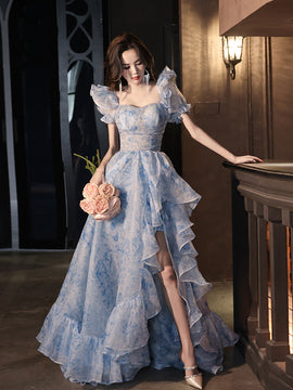 Pretty Light Blue Floral Short Sleeves Long Prom Dress, Light Blue Evening Dress