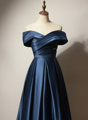 A-line Simple Navy Blue Long Prom Dress, Blue Sweetheart Evening Dress