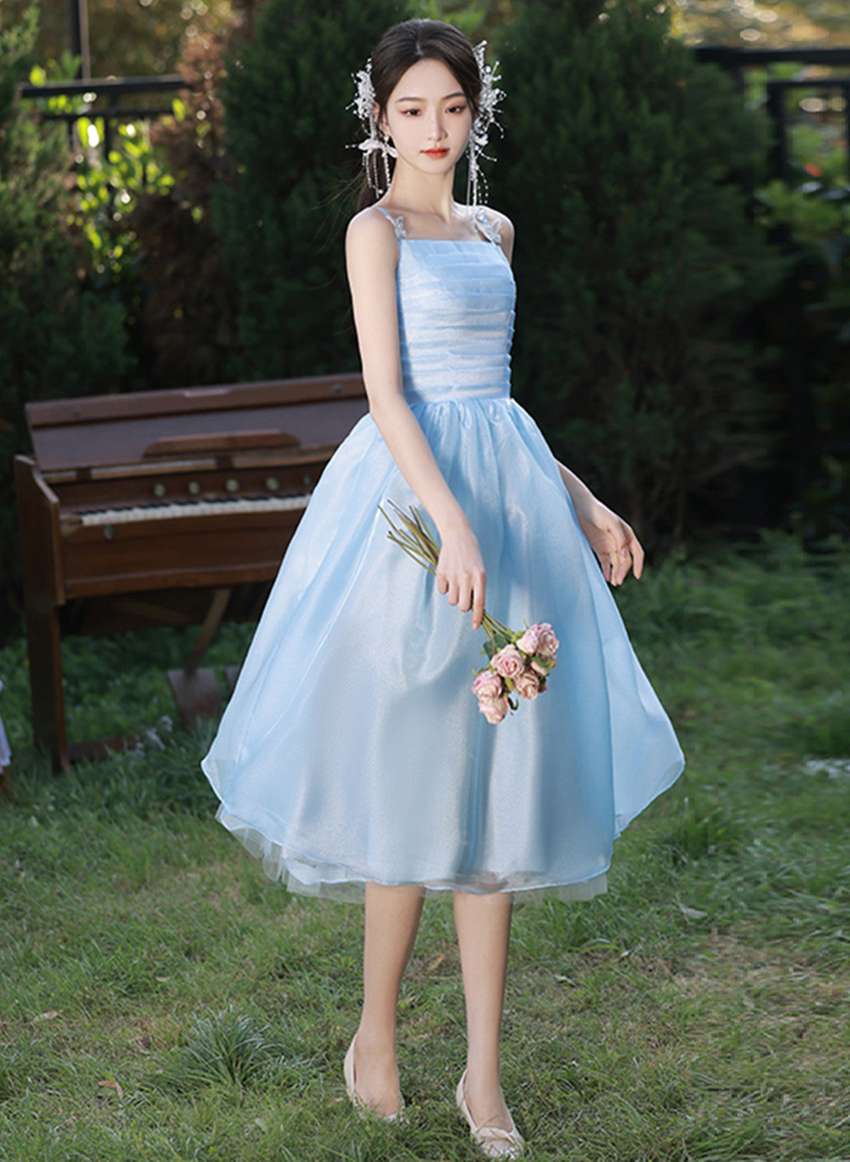 Light Blue Straps Organza Short Party Dress, Light Blue Homecoming Dress