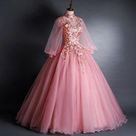 Pink High Neckline Floral Lace Puffy Sleeves Sweet 16 Dress, Pink Tulle Formal Dress