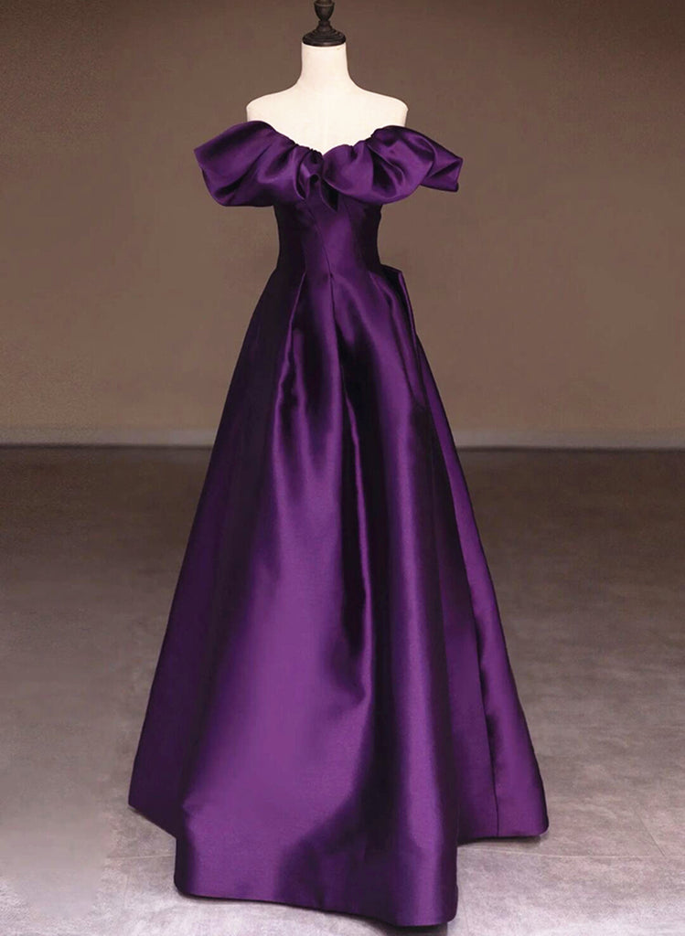 Dark Purple Satin Off Shoulder Long Prom Dress, Purple Satin Evening D
