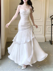 White Satin Sweetheart Mermaid Straps Long Party Dress, White Satin Prom Dress