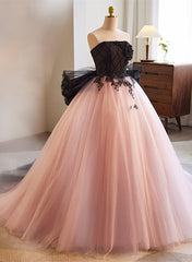 Pink Tulle Ball Gown with Lace and Beadings Party Dress, Pink Sweet 16 Dress