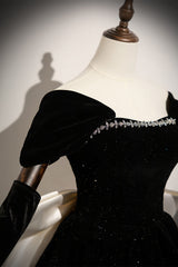 Cute Black Velvet A-Line Party Dress with Off-Shoulder Sleeves, Black Velvet Homecoming Dress