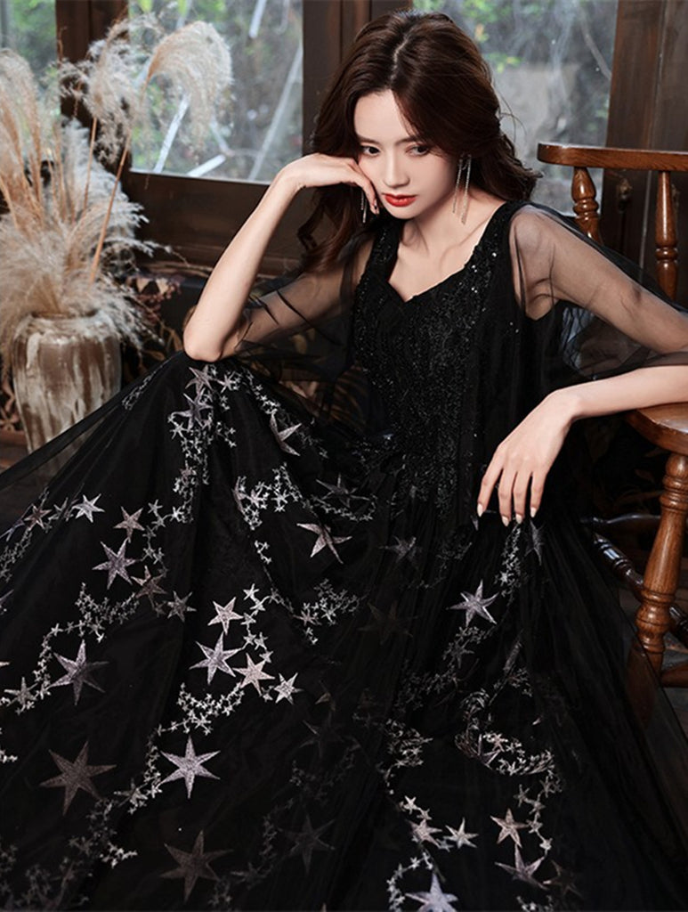 A-line Chic Black Tulle Beaded Long Evening Dress, Black Long Formal D