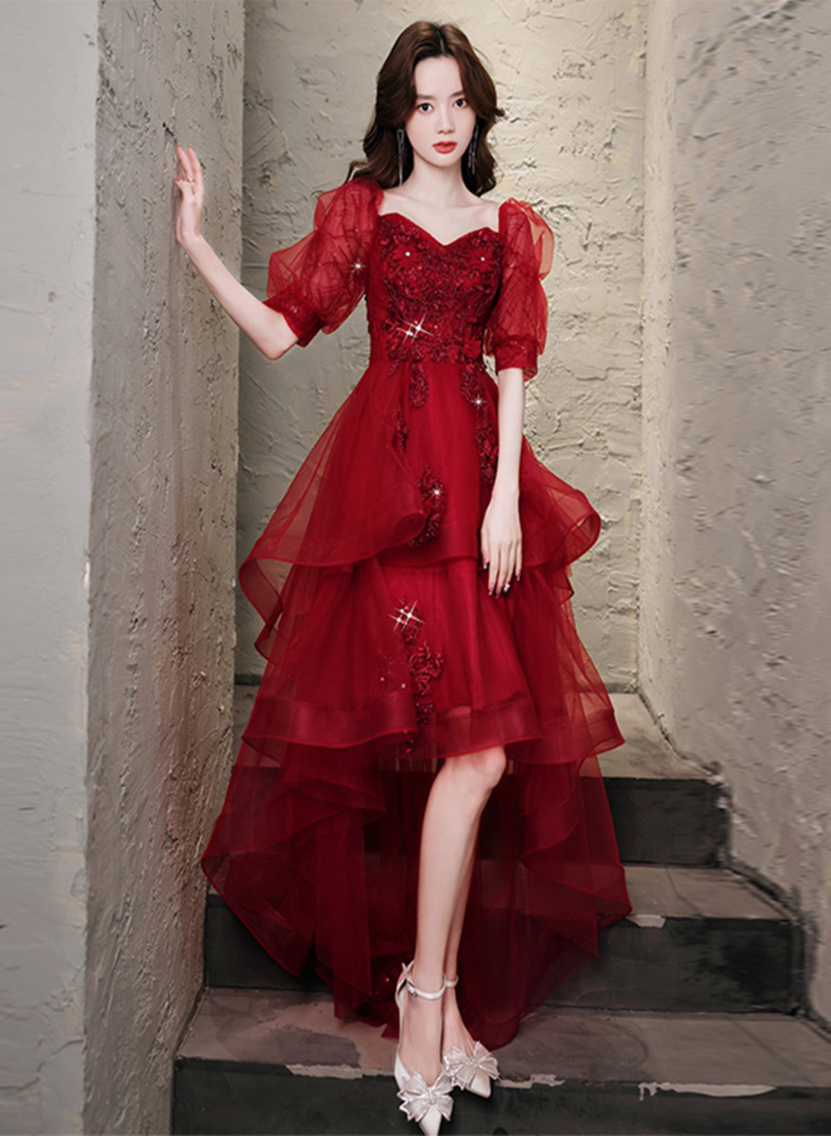 Chic Wine Red High Low Short Sleeves Party Dress, Wine Red High Low Homecoming Dress